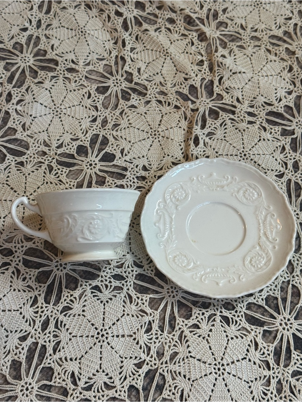 Vintage Adam Antique Steubenville White Embossed Teacup & Saucer Set